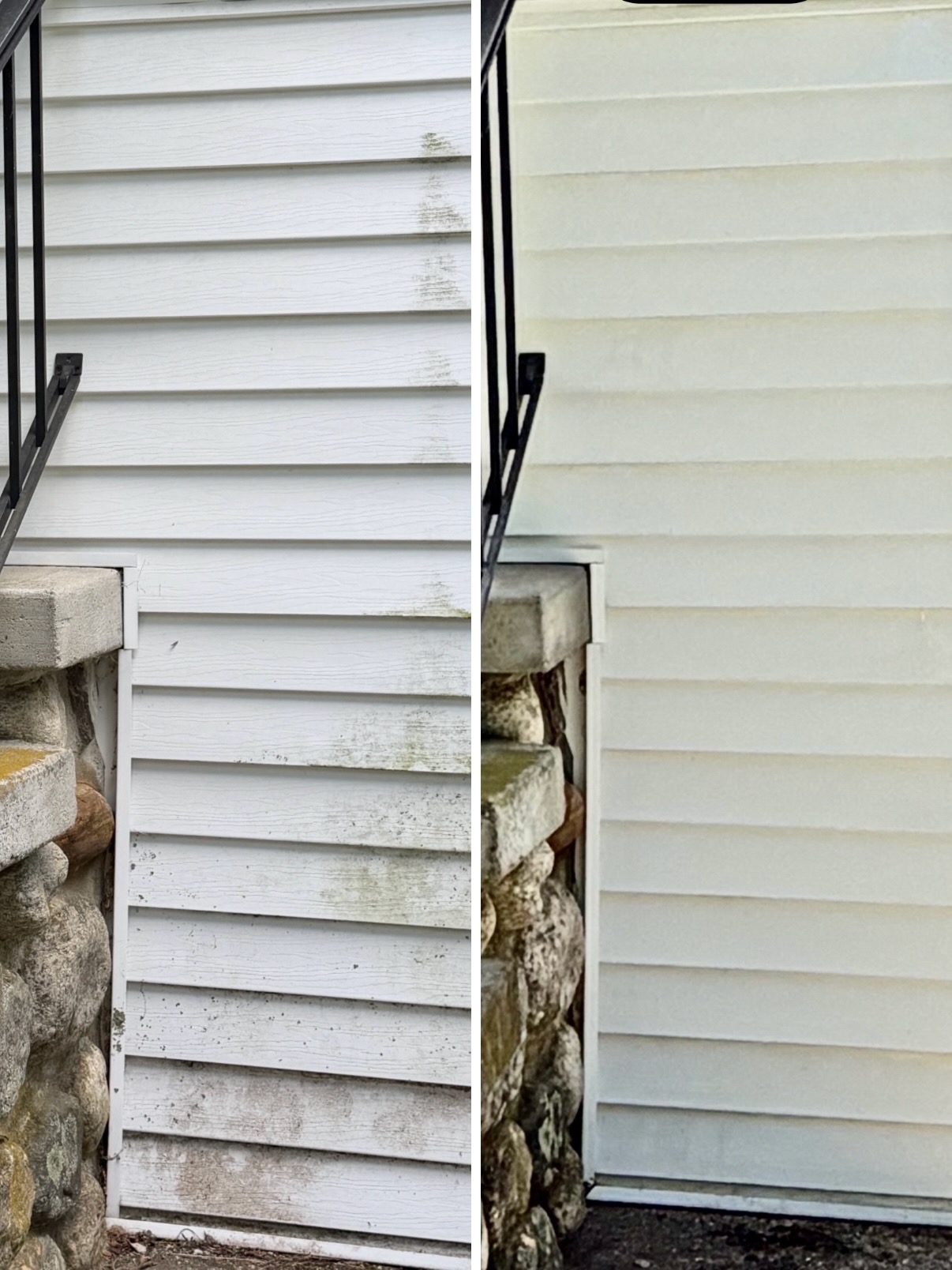 Before and after soft washing result showing exterior cleaning improvement